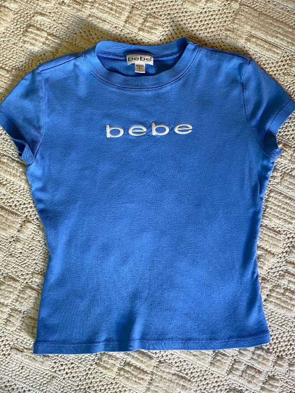 Vintage Y2K Bebe Cobalt Blue Logo T-Shirt – Size Large – Made in USA